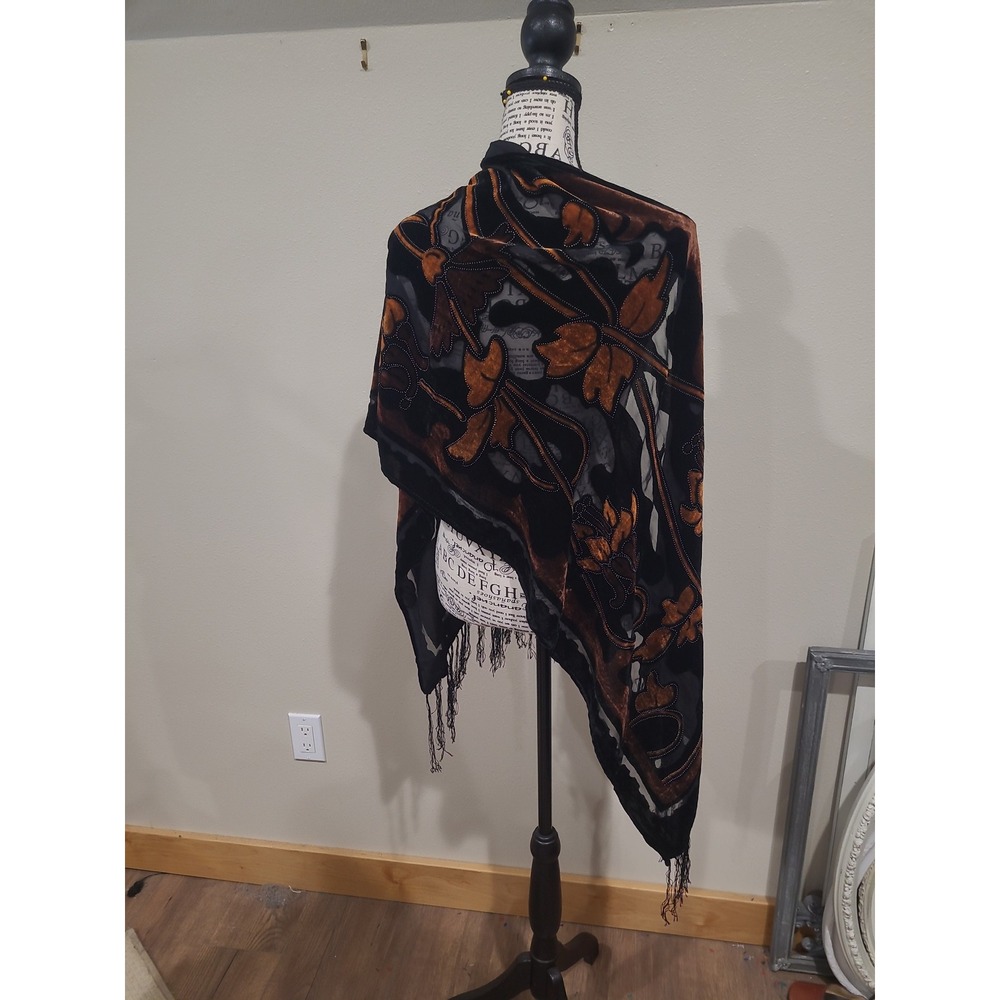 Velvet Burnout Scarf shawl Fringe Black Orange 19" x 72" boho festival Fall